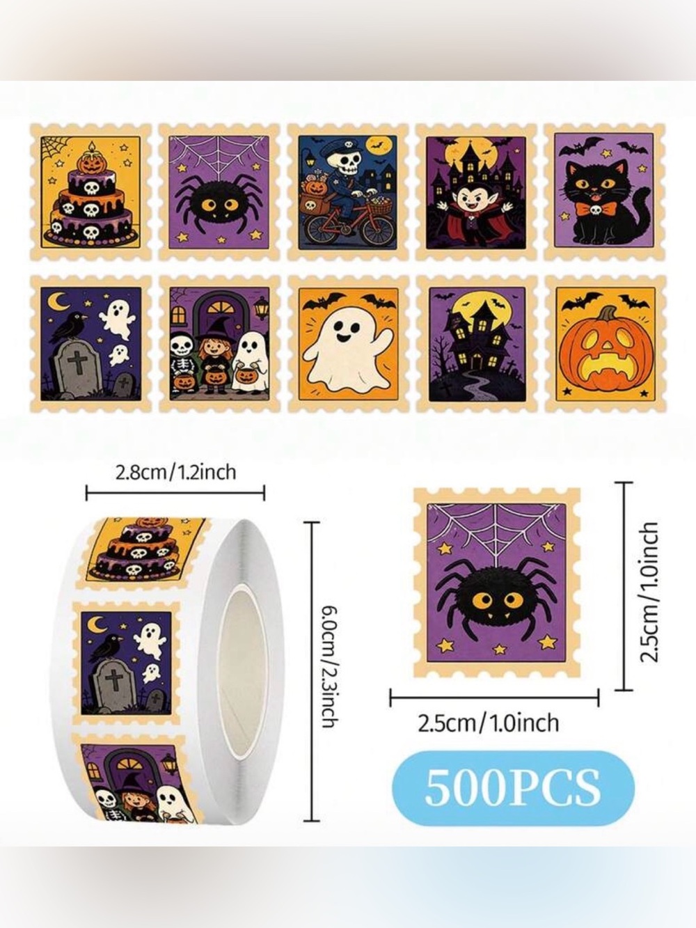 Halloween Stamp Style Sticker Roll - Ghosts, Cats & Pumpkins - 500 PCS - Picture 2 of 2